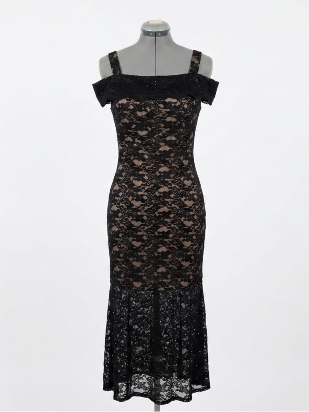 R&M Richards Black Lace Midi Dress with Nude Lining